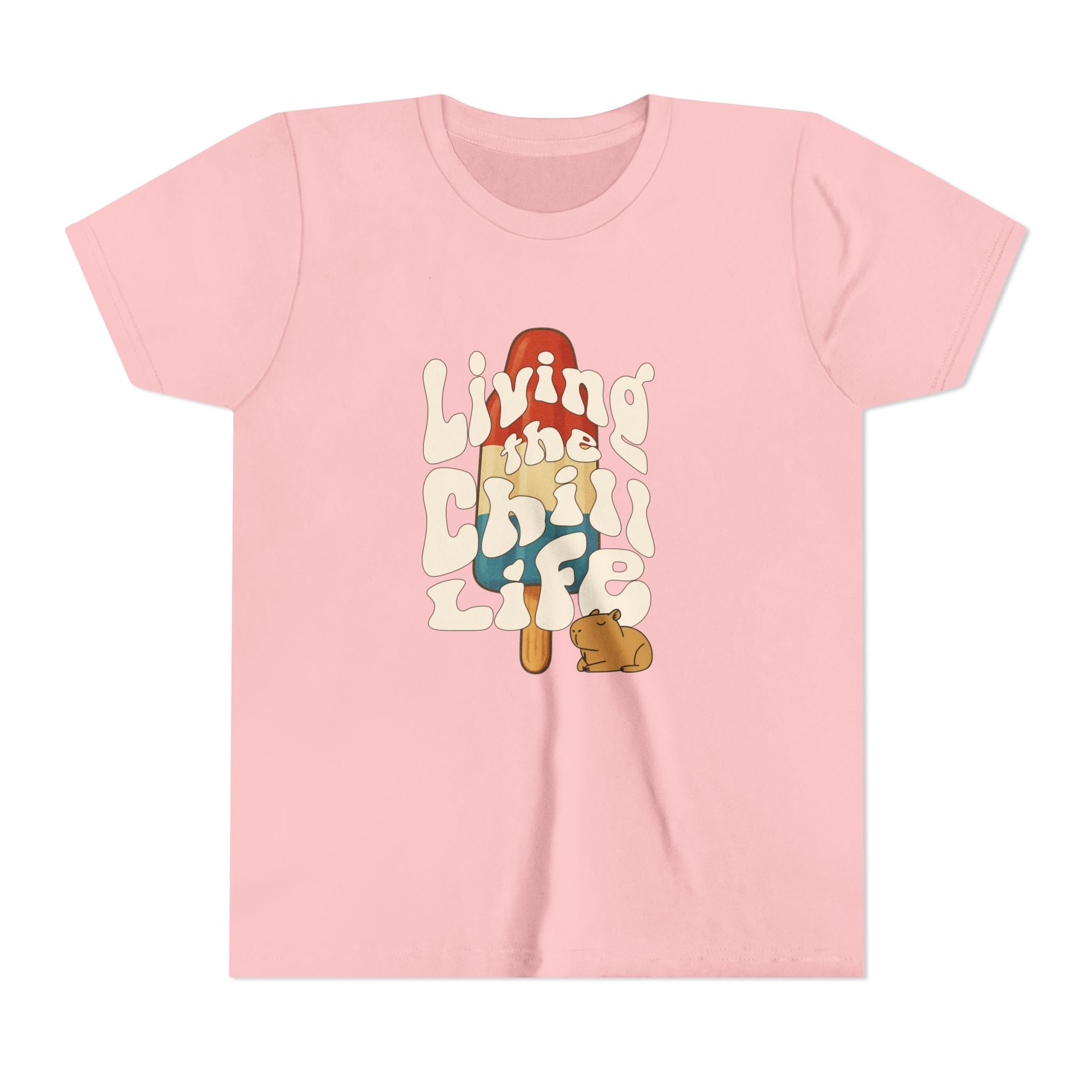 Capy Life youth t-shirt in light pink featuring a retro popsicle graphic with a capybara and groovy text.