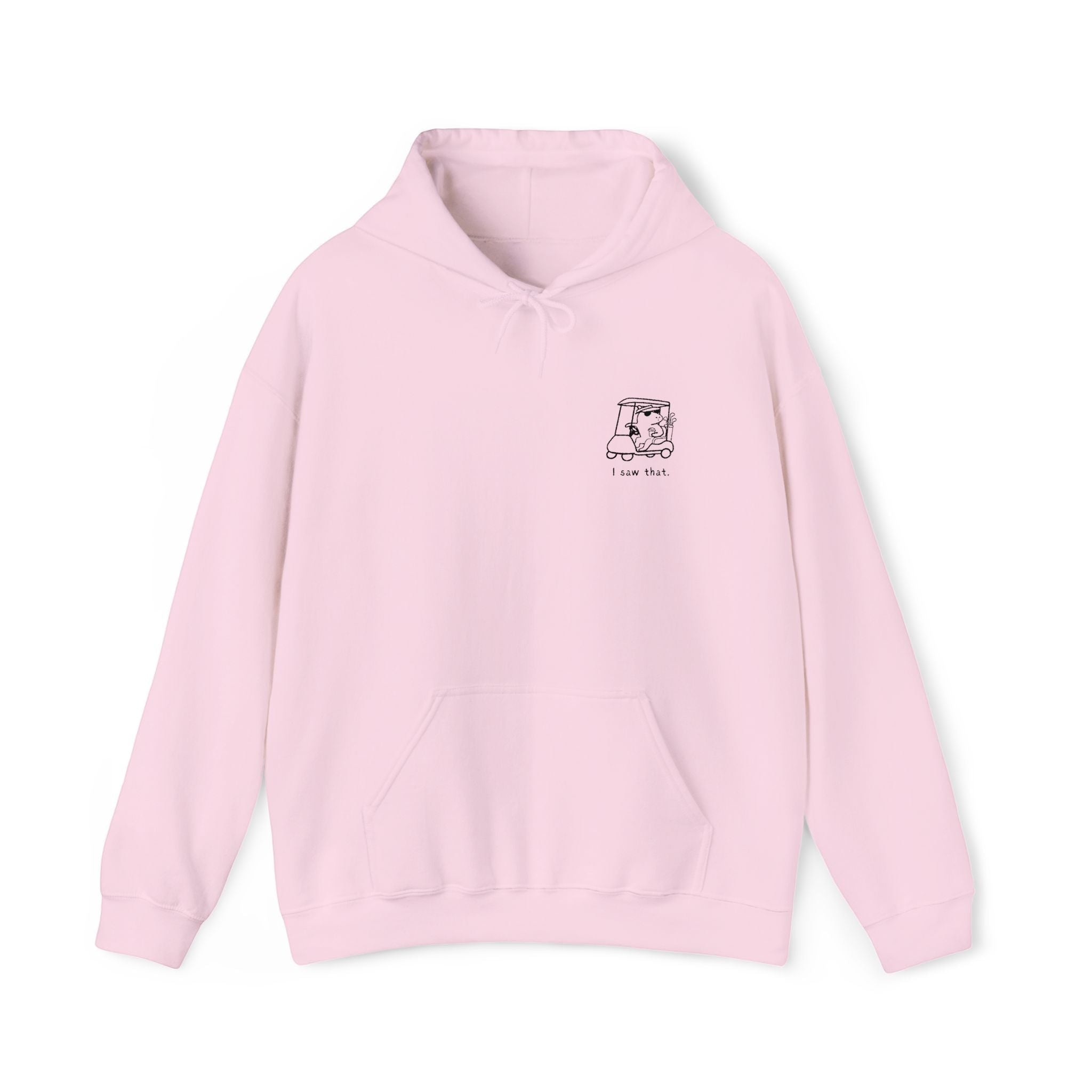 Capy Life light pink pullover hoodie featuring a small minimalist embroidered capybara in a golf cart on the chest.