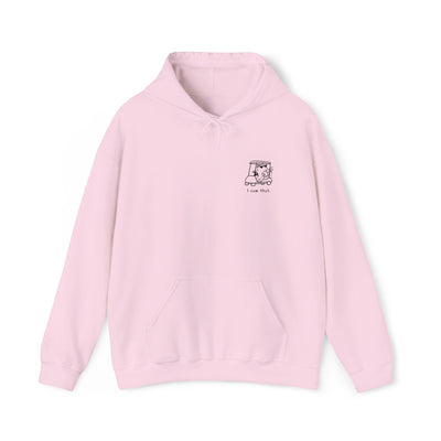 Capy Life light pink pullover hoodie featuring a small minimalist embroidered capybara in a golf cart on the chest.