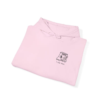 Capy Life light pink minimalist hoodie featuring a small embroidered capybara in a golf cart with I Saw That text.