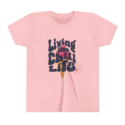 Capy Life light pink youth t-shirt featuring a retro ice cream graphic with the text Living the Chill Life