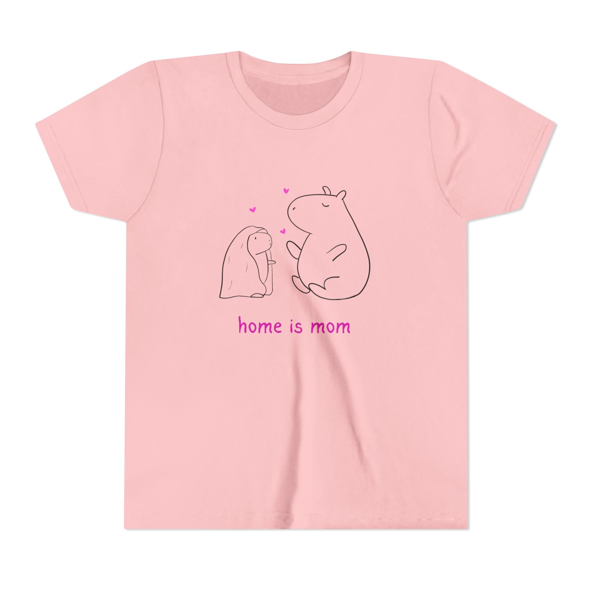 Capy Life kids pink cotton t-shirt featuring a minimalist capybara illustration and the text Home is mom.