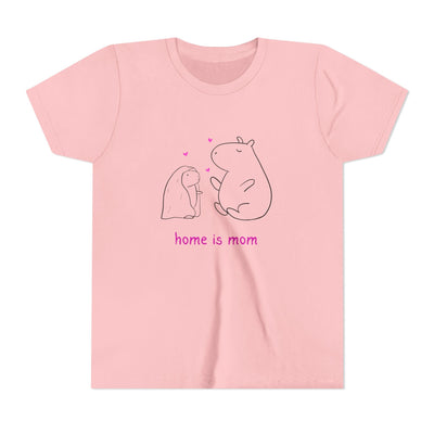 Capy Life kids pink cotton t-shirt featuring a minimalist capybara illustration and the text Home is mom.