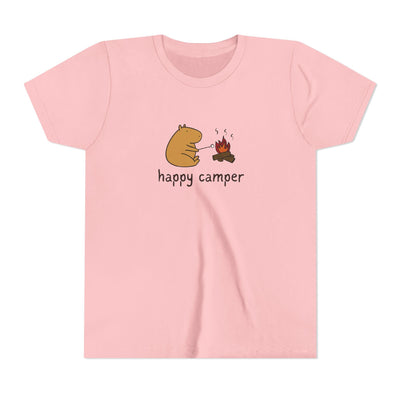 Capy Life kids pink t-shirt featuring Gene the capybara roasting a marshmallow by a campfire with Happy Camper text.