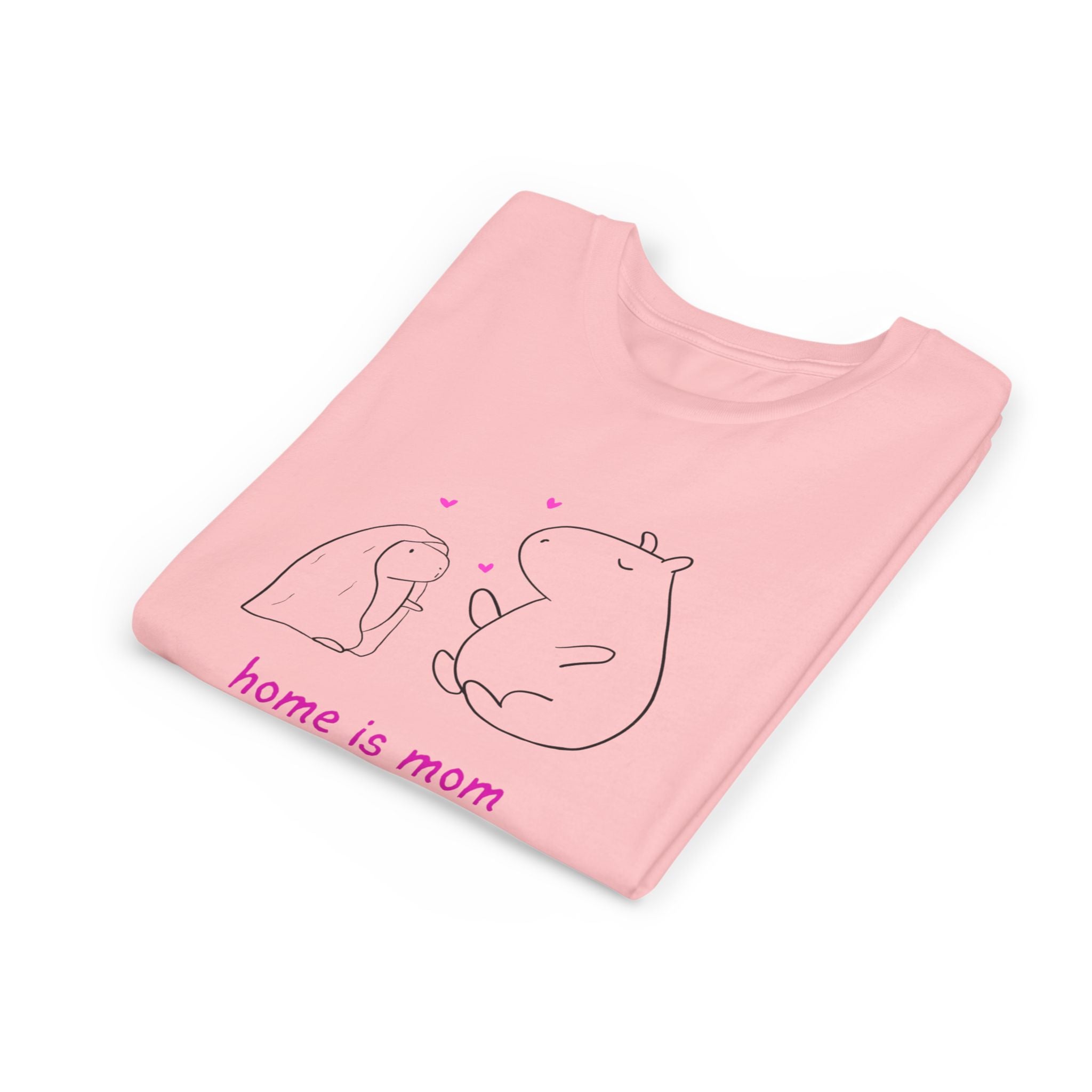 Capy Life pink kids t-shirt featuring a minimalist capybara illustration and the text home is mom with tiny hearts