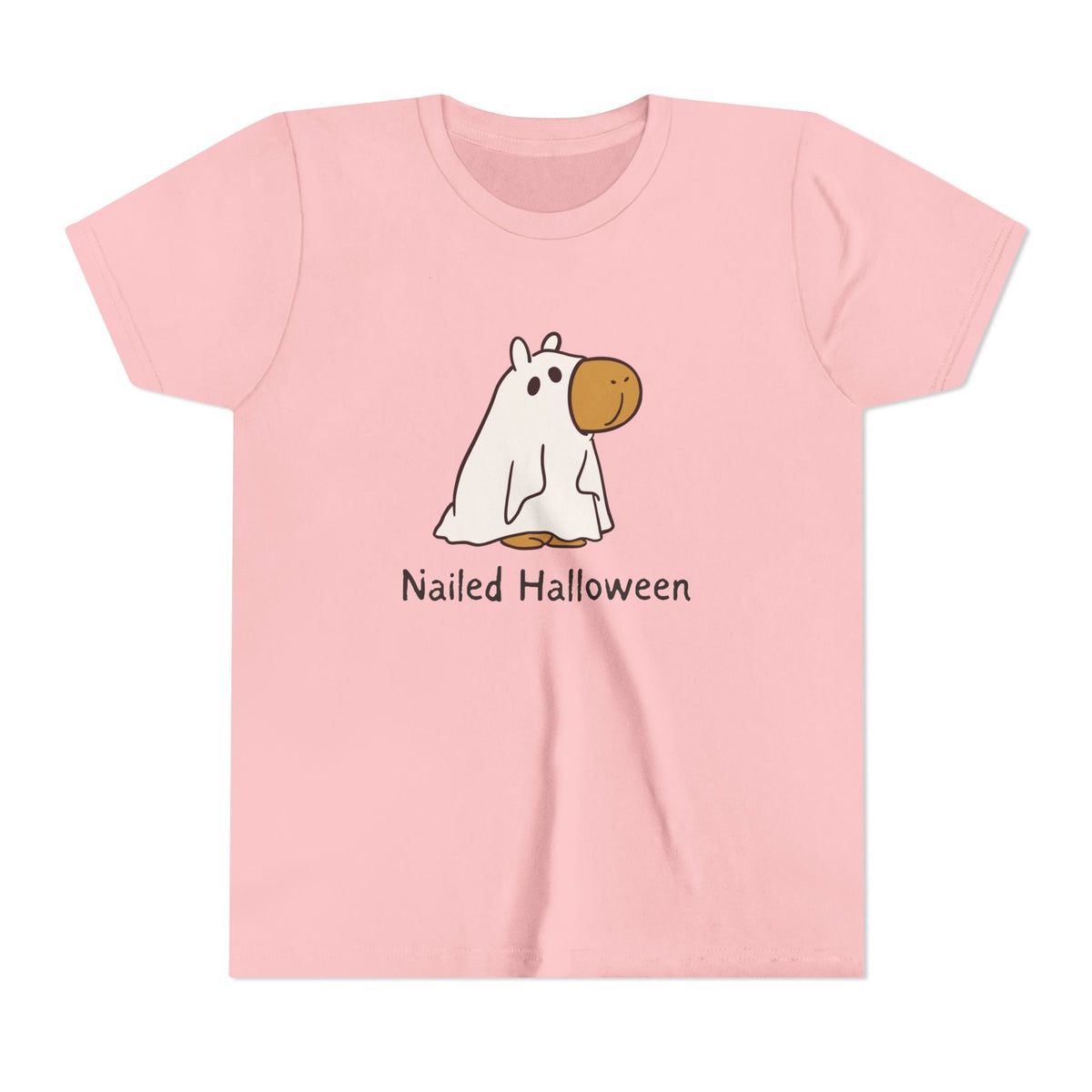 Capy Life kids pink t-shirt featuring a cute capybara in a ghost costume with the text Nailed Halloween.