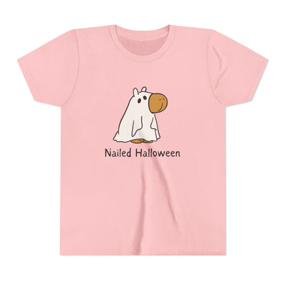 Capy Life kids pink t-shirt featuring a cute capybara in a ghost costume with the text Nailed Halloween.