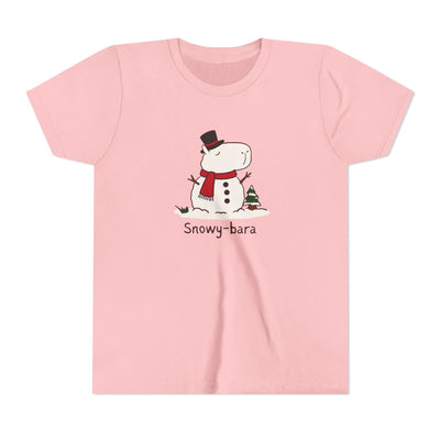 Capy Life pink kids t-shirt featuring a cute hand-drawn Snowy-bara capybara snowman with a red scarf and top hat.