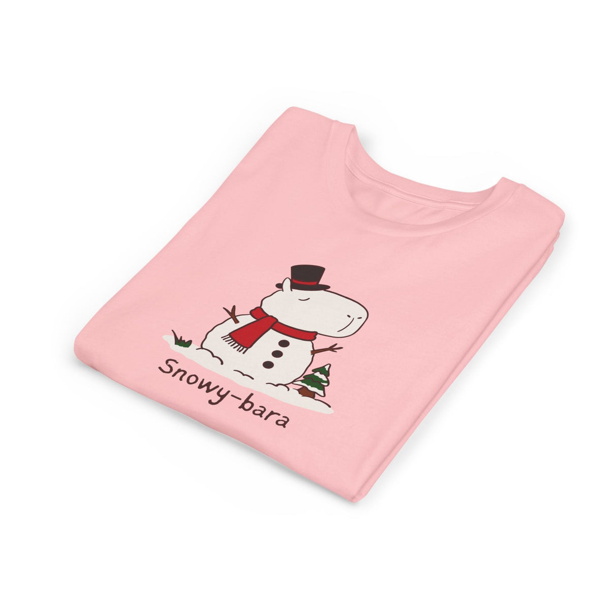 Capy Life pink kids t-shirt featuring a cute Snowy-bara capybara snowman illustration with a red scarf and top hat.