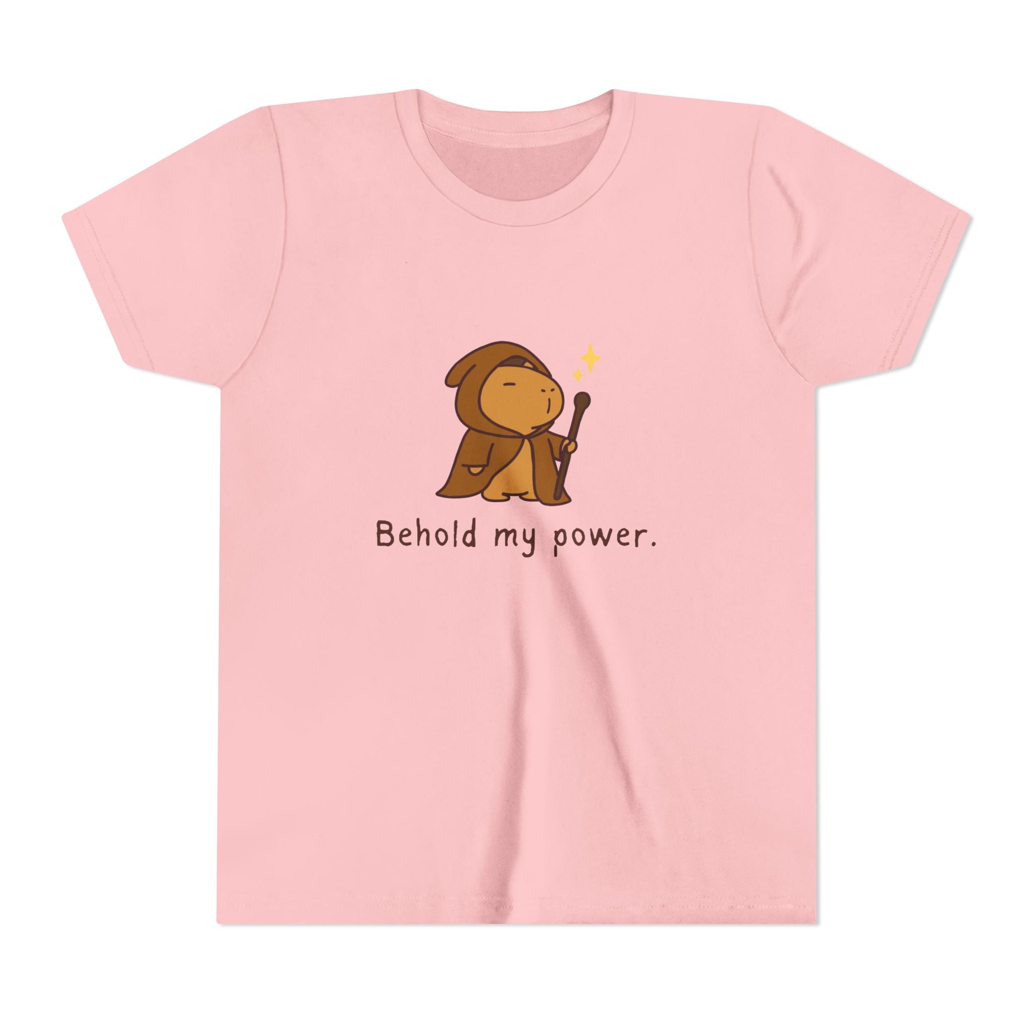 Capy Life kids pink t-shirt featuring a cute wizard capybara illustration with the text Behold my power.