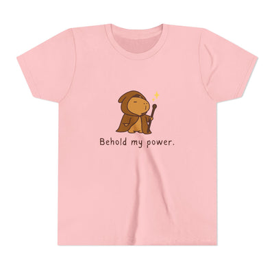 Capy Life kids pink t-shirt featuring a cute wizard capybara illustration with the text Behold my power.