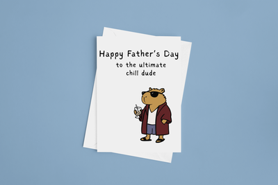 Capy Life printable Father's Day card featuring a chill capybara in sunglasses, robe, and sandals with a drink.