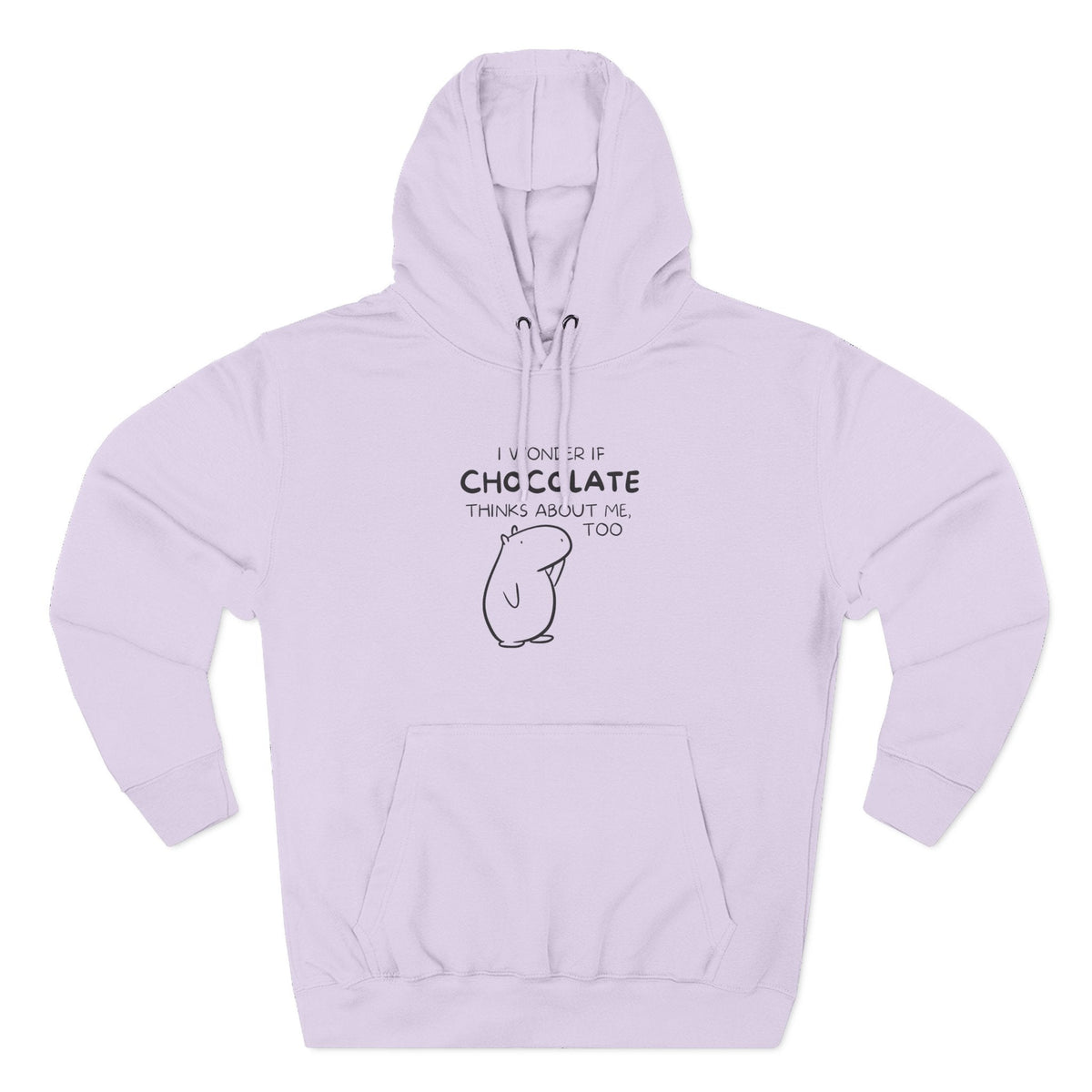 Capy Life light purple hoodie with Gene the Capybara line art and I wonder if chocolate thinks about me too text