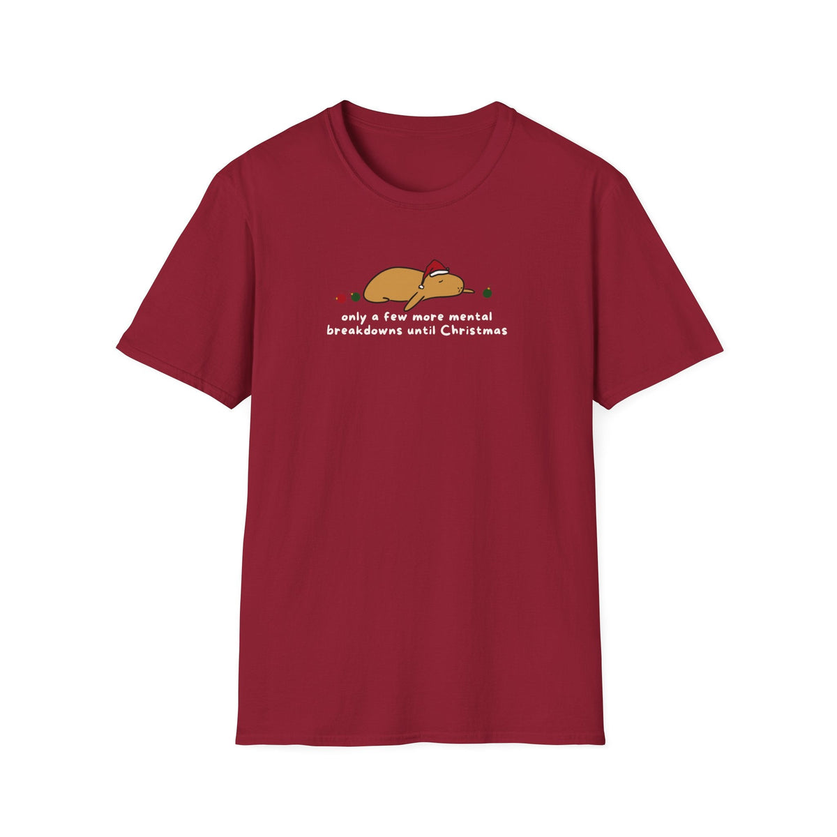 Capy Life red softstyle t-shirt featuring a graphic of a tired capybara in a Santa hat with holiday text.