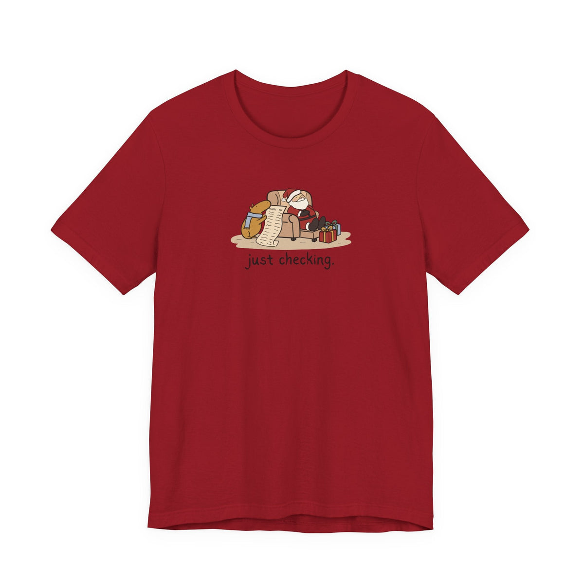Capy Life red short-sleeve t-shirt featuring a hand-drawn illustration of a capybara checking Santa's naughty list.