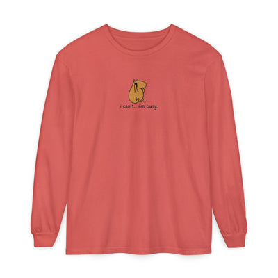 Capy Life garment-dyed red long sleeve tee featuring a minimalist hand-drawn capybara graphic and funny text.