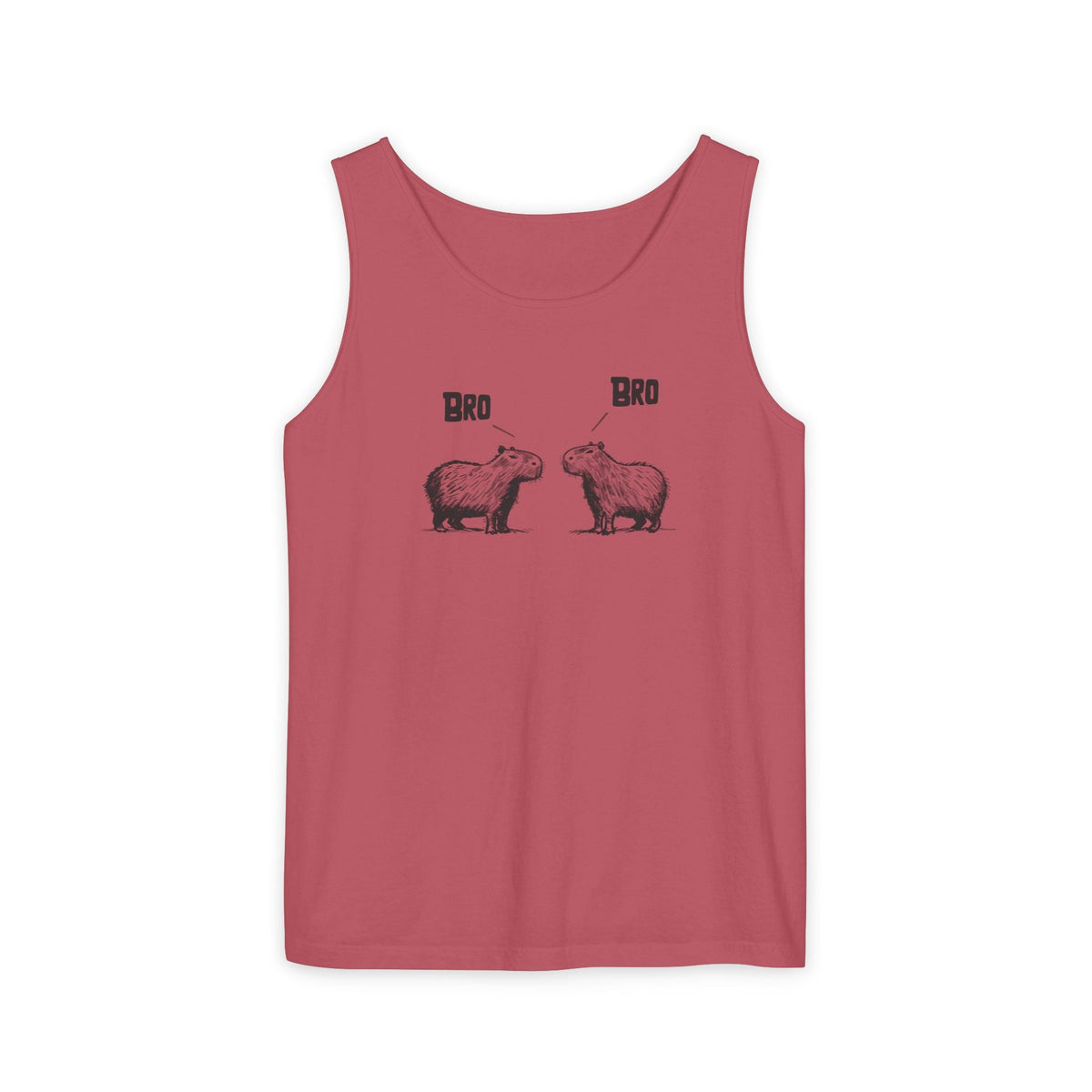 Capy Life red Comfort Colors tank top featuring a funny sketch-style graphic of two capybaras saying Bro to each other.