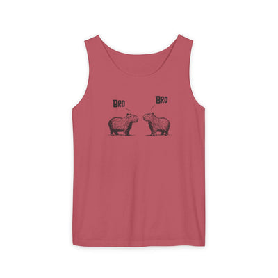 Capy Life red Comfort Colors tank top featuring a funny sketch-style graphic of two capybaras saying Bro to each other.