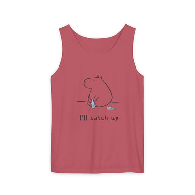 Capy Life red Comfort Colors tank top featuring a minimalist capybara illustration with the text I'll catch up