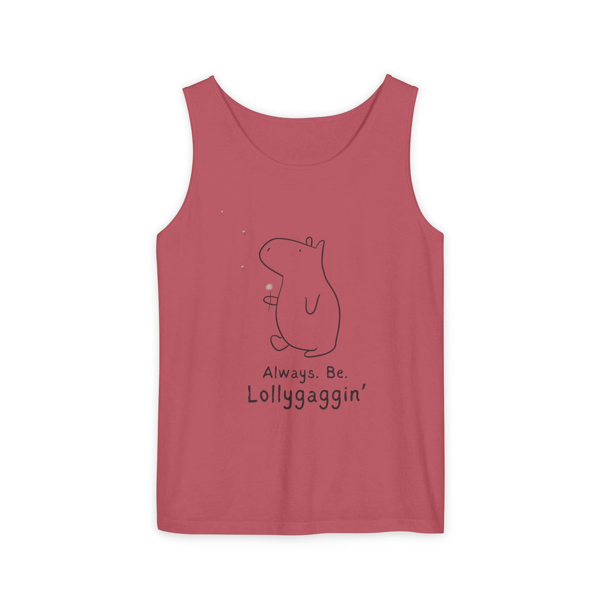 Capy Life red Comfort Colors tank top featuring a minimalist line drawing of Gene the Capybara with a dandelion.