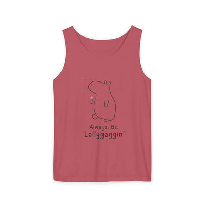 Capy Life red Comfort Colors tank top featuring a minimalist line drawing of Gene the Capybara with a dandelion.