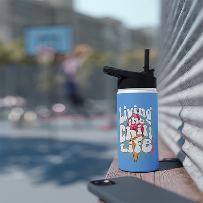 Capy Life 12oz stainless steel kids water bottle with retro ice cream Living the Chill Life design and flip straw lid