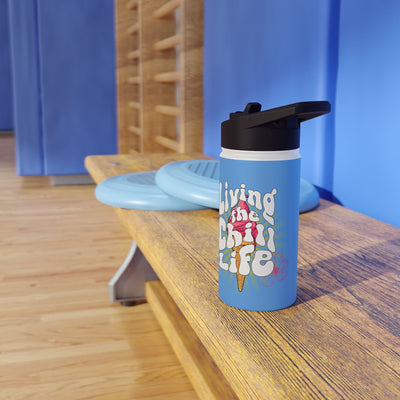 Capy Life 12oz stainless steel kids water bottle with retro ice cream design and Living the Chill Life text on a bench