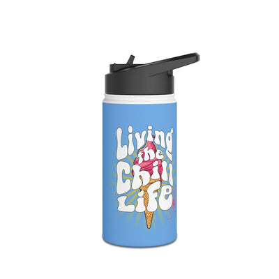 Capy Life 12oz stainless steel kids water bottle with blue matte finish, retro ice cream graphic, and flip straw lid.