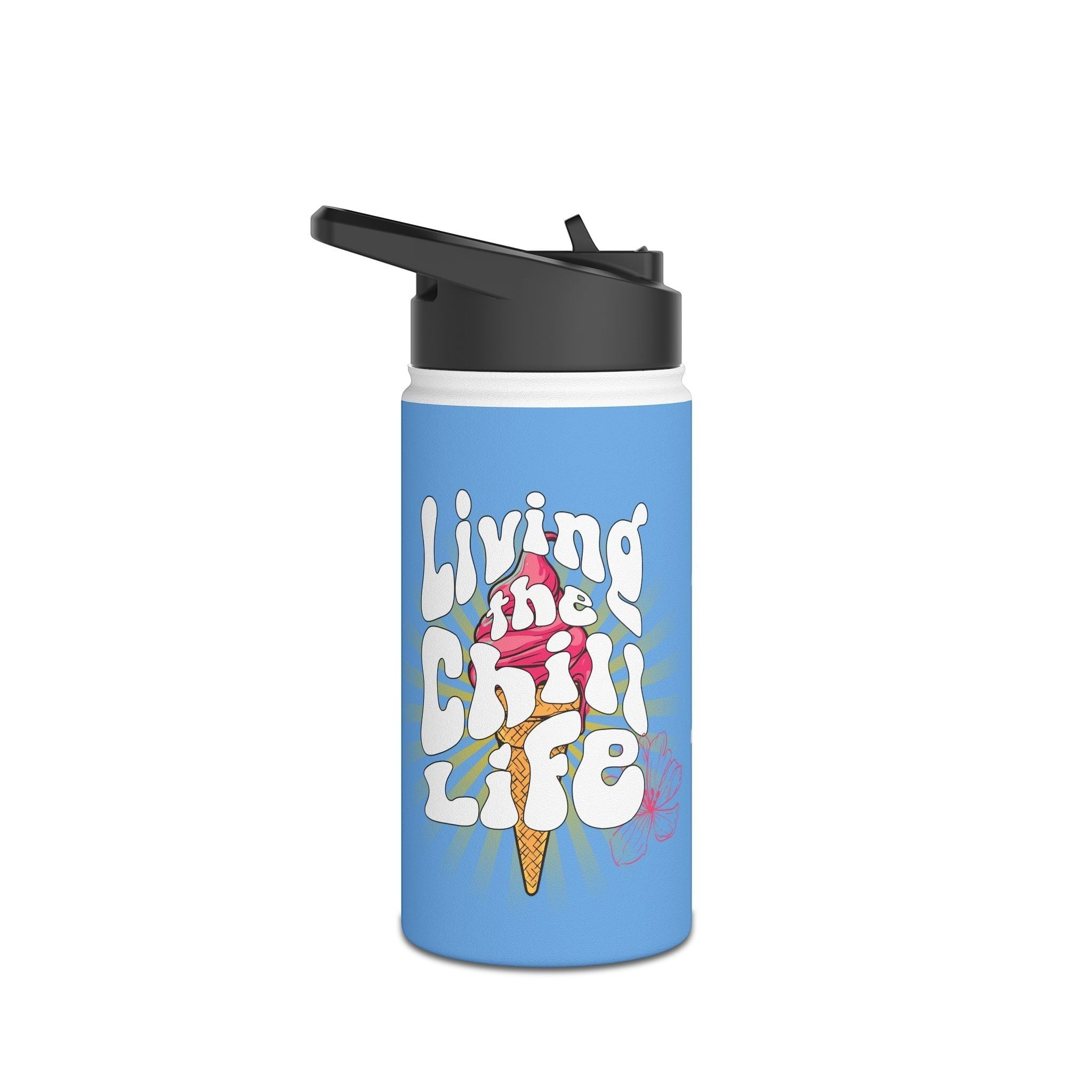 Capy Life 12oz stainless steel kids water bottle with retro ice cream graphic and Living the Chill Life text