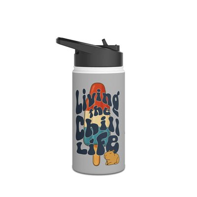 Capy Life insulated kids water bottle with a retro popsicle design, groovy lettering, and a cute capybara character.
