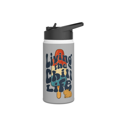 Capy Life insulated kids water bottle with a retro popsicle design, groovy lettering, and a cute capybara illustration.