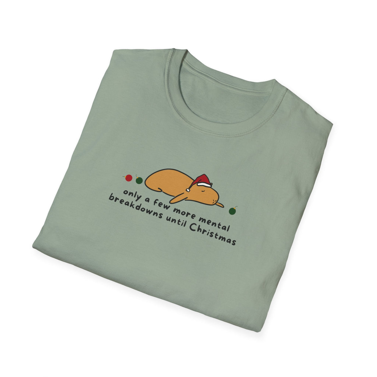 Capy Life softstyle t-shirt in sage green featuring a capybara in a Santa hat with funny Christmas text.