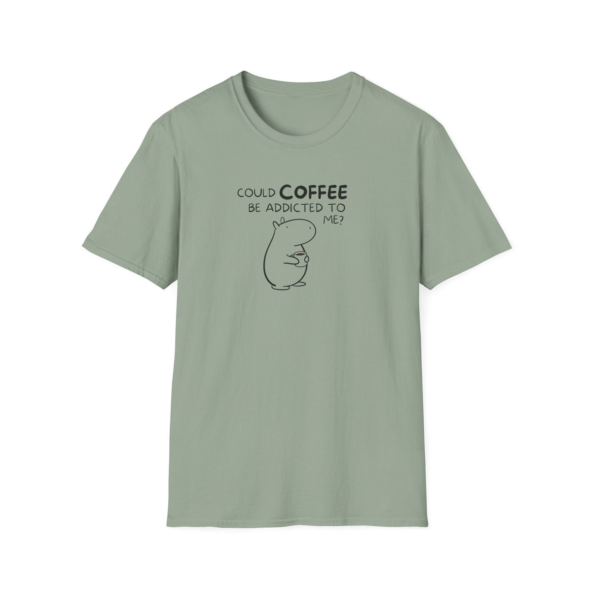 Capy Life sage green softstyle t-shirt featuring a minimalist hand-drawn capybara holding a coffee cup.