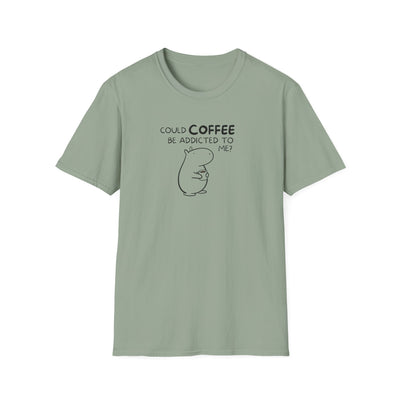 Capy Life sage green softstyle t-shirt featuring a minimalist hand-drawn capybara holding a coffee cup.