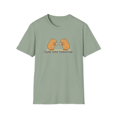 Capy Life sage green softstyle t-shirt featuring a hand-drawn graphic of two capybaras drinking coffee together.
