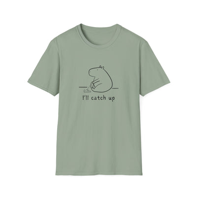 Capy Life sage green softstyle t-shirt featuring a minimalist capybara illustration tying its shoe with text I'll catch up