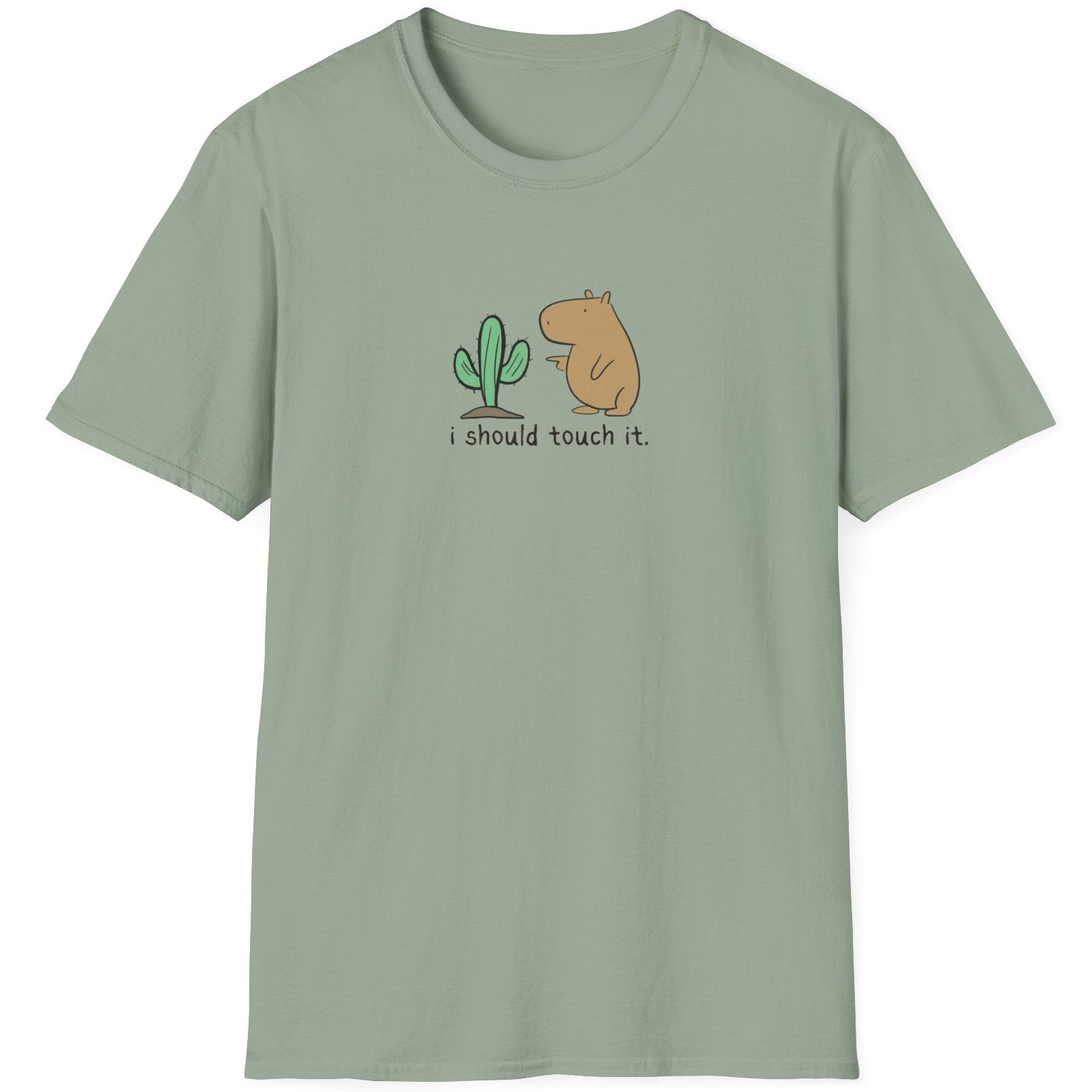 Capy Life softstyle t-shirt in sage green featuring a hand-drawn capybara contemplating touching a cactus.