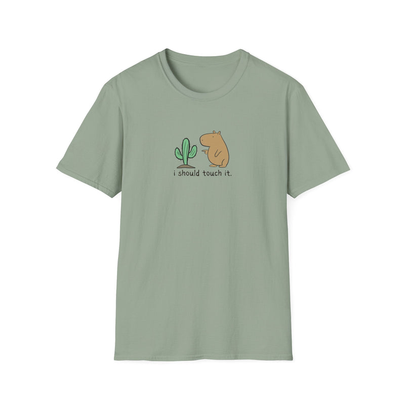 Capy Life softstyle t-shirt in sage green featuring a hand-drawn capybara contemplating touching a cactus.