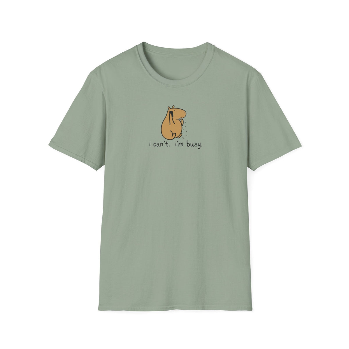 Capy Life sage green softstyle t-shirt featuring a minimalist illustration of a capybara snacking with the text i can't i'm busy
