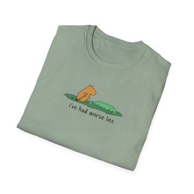Capy Life softstyle sage green t-shirt featuring a hand-drawn capybara and alligator with I've Had Worse Lies text.