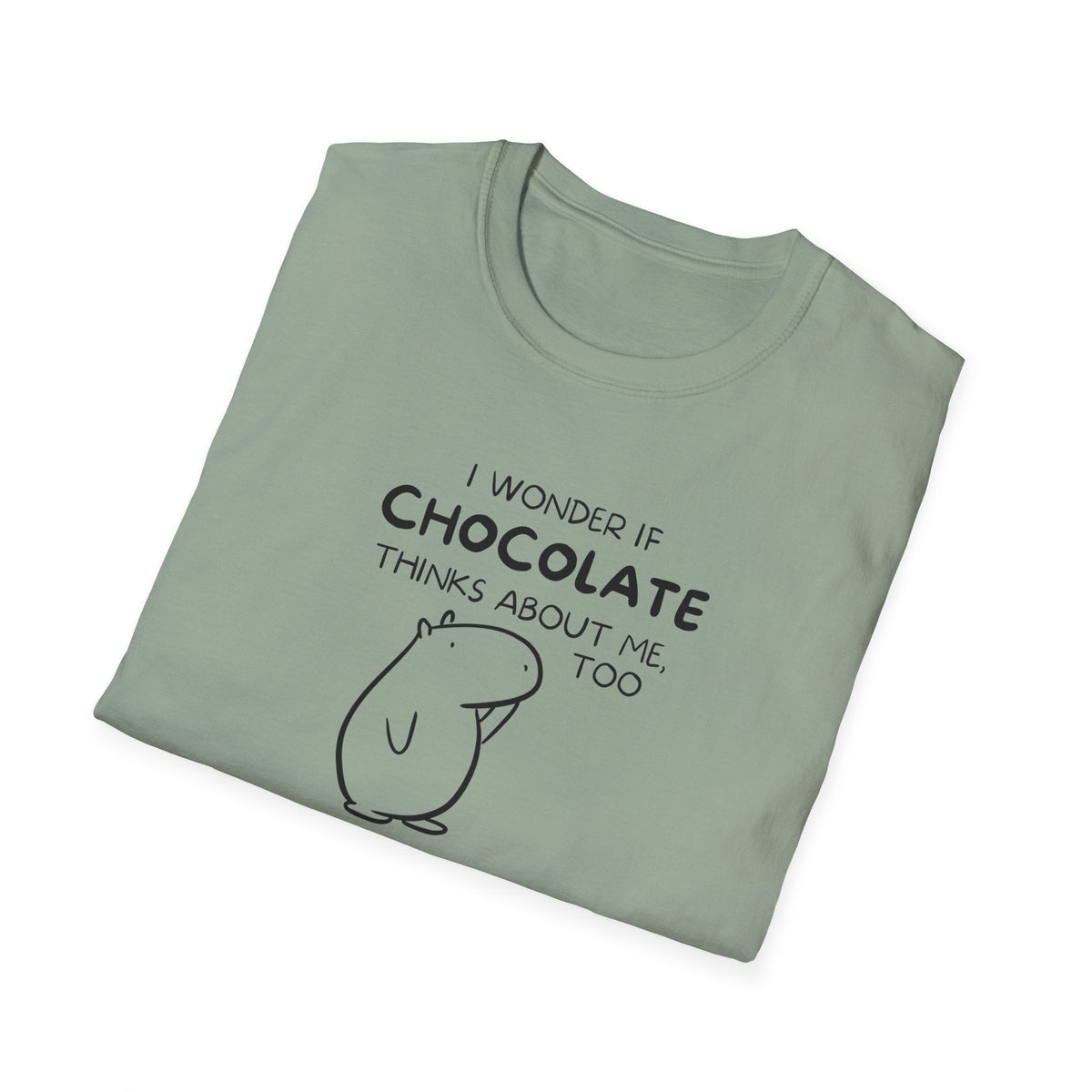 Capy Life sage green softstyle t-shirt featuring Gene the Capybara line art and funny chocolate quote text.