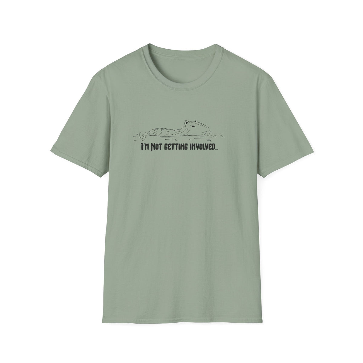 Capy Life sage green softstyle t-shirt with a hand-drawn capybara illustration and I'm Not Getting Involved text.