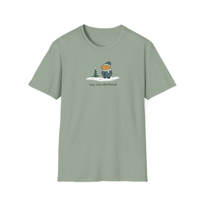 Capy Life sage green softstyle t-shirt featuring a minimalist graphic of a capybara in winter gear in the snow.
