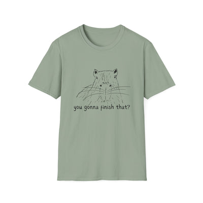 Capy Life softstyle sage green t-shirt featuring a hand-drawn capybara sketch and the text You gonna finish that