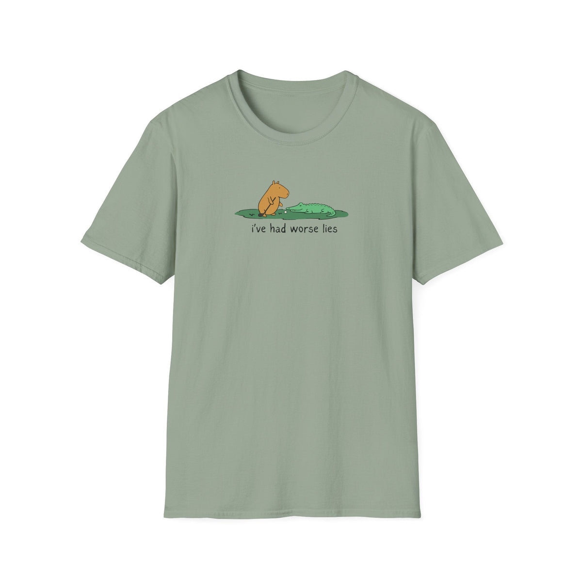 Capy Life sage green softstyle t-shirt featuring a hand-drawn illustration of a capybara and alligator with text.