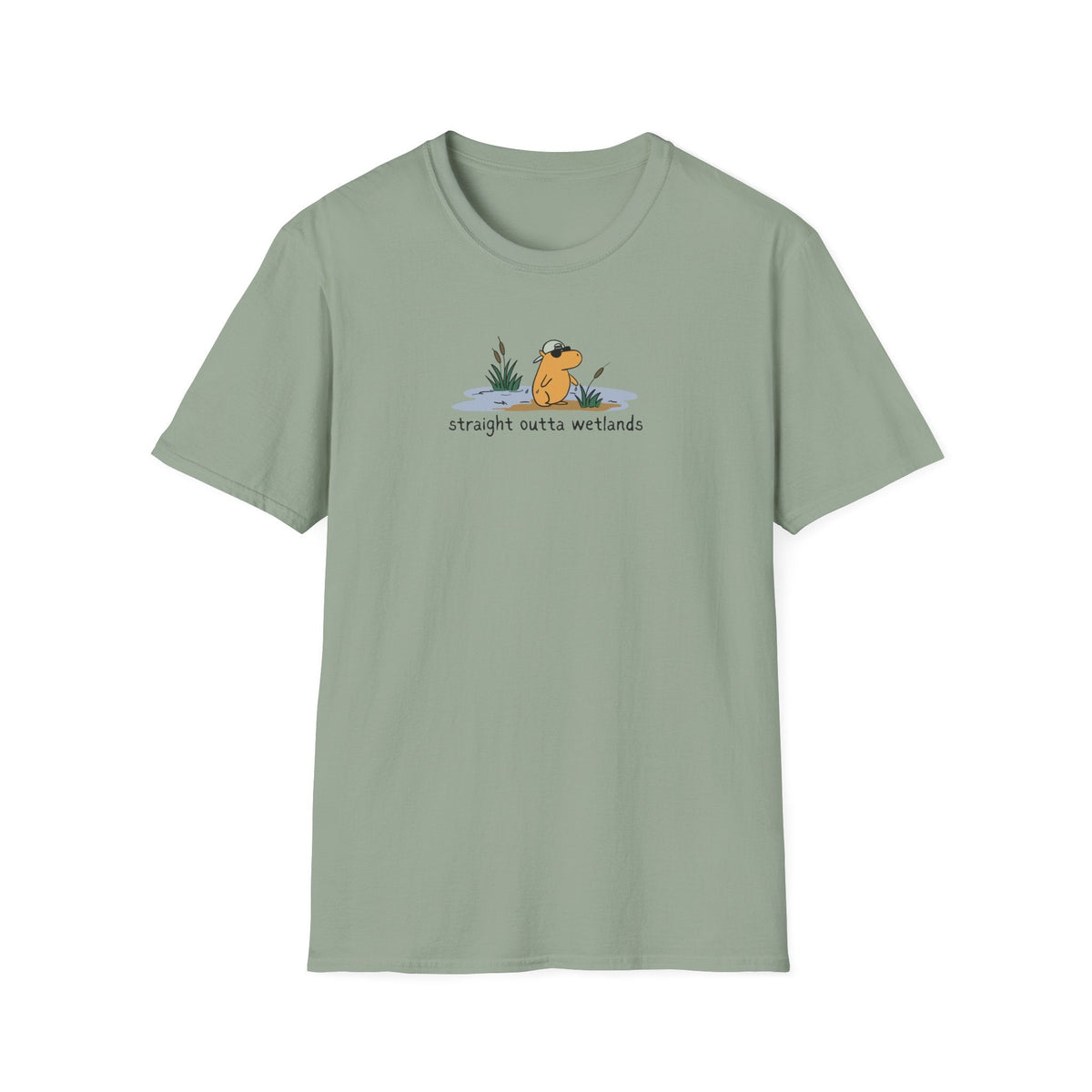 Capy Life sage green softstyle t-shirt featuring a small hand-drawn graphic of a capybara in a backwards hat.