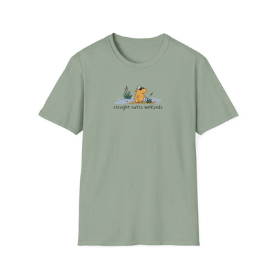 Capy Life sage green softstyle t-shirt featuring a small hand-drawn graphic of a capybara in a backwards hat.