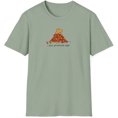 Capy Life sage green softstyle t-shirt featuring a capybara in autumn leaves with the text i was promised cider