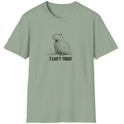 Capy Life sage green softstyle t-shirt featuring a hand-drawn capybara sketch and the text I Can't Today