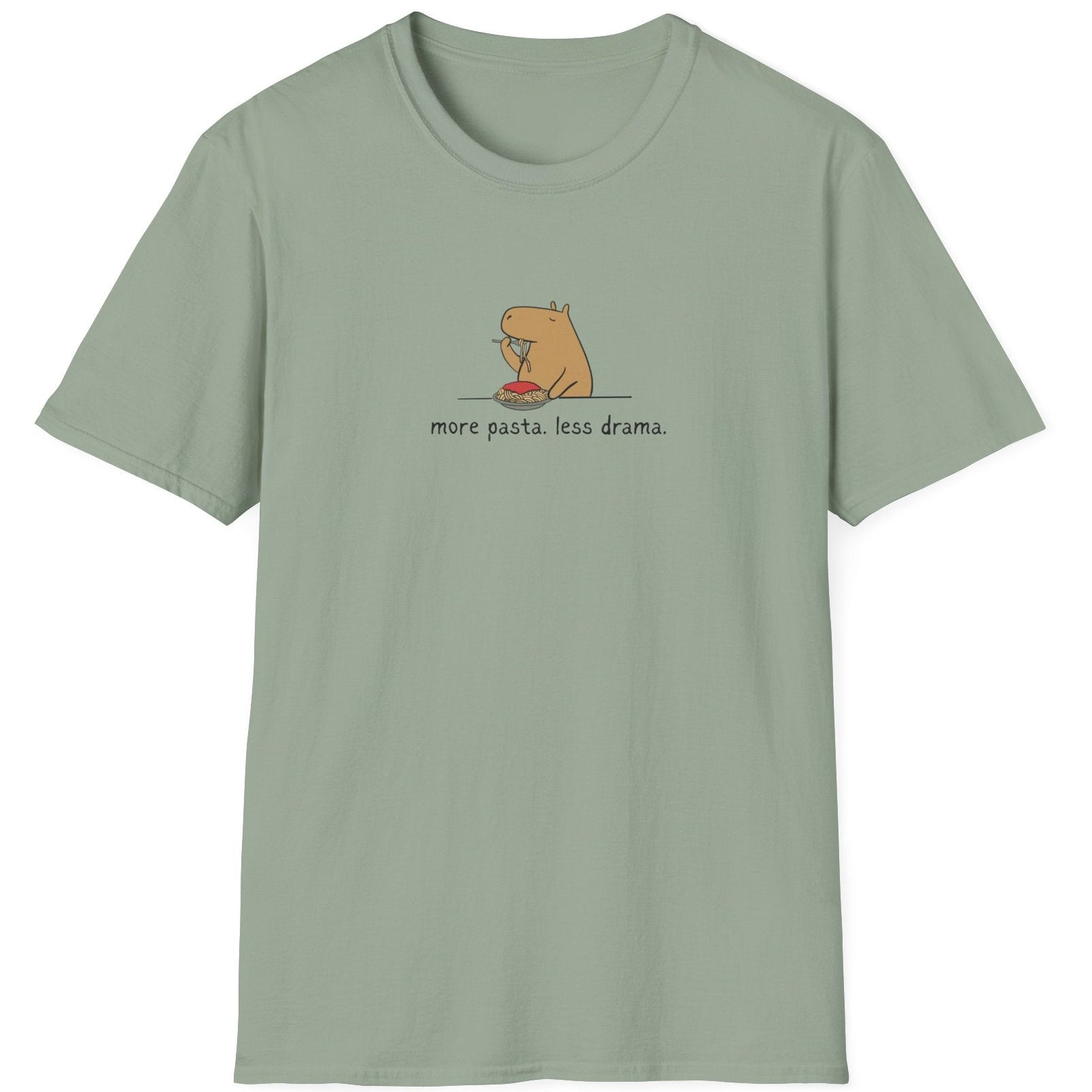 Capy Life sage green softstyle t-shirt with a minimalist capybara eating spaghetti and the text more pasta less drama
